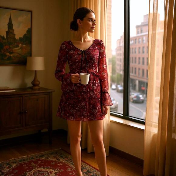 Cupcake and Cashmere Mixed Floral Printed Mini Dress Red Velvet Size 0 - Picture 1 of 12